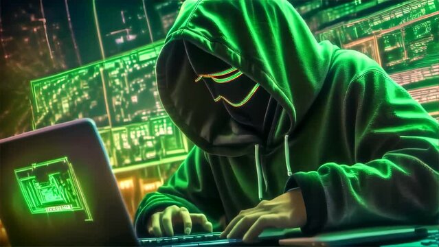 A mysterious figure in a hoodie intensely types on a laptop, with glowing green code reflections, suggesting cyber security themes and digital intrigue.. AI Generation