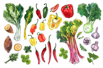 Vegetables food illustrations. Watercolor and ink sketches. Rhubarb, peppers, garlic, herbs, sweet potato - 783066337