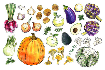 Vegetables food illustrations. Watercolor and ink sketches. Artichokes, pumpkin, red onion, cauliflower, avocado, mushrooms, eggplant, potatoes - 783066353