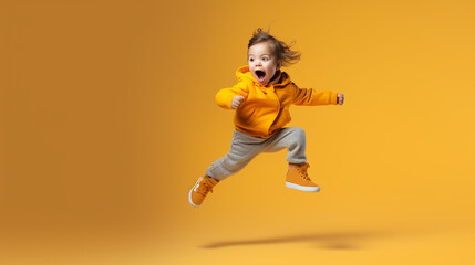 Kid shouting by megaphone over color background