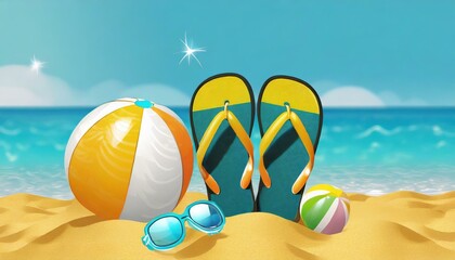 Fototapeta na wymiar Sunny Escapade: Kids Flip-Flops, Beach Ball, and Snorkel on Yellow Sand