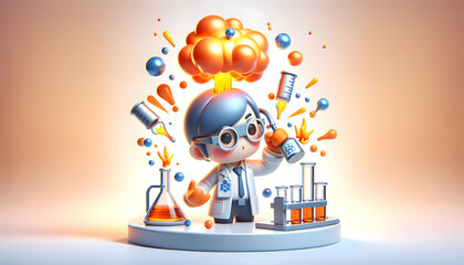 Chemist Conducting Explosive Reaction Demonstration for Educational Purposes in Candid Daily Environment and Routine of Work - 3D Icon on Isolated White Background