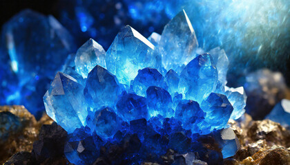 Fototapeta na wymiar Close-up of cluster of radiant blue crystals illuminated by soft lighting. Beautiful glowing crystals.