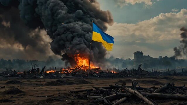 early morning on the battlefield of wasted city liberated. The Ukrainian flags are flying. A concept of Ukrainian counterattack in the Russia-Ukraine war. Ukrainian resistance army's honor. AI-generat