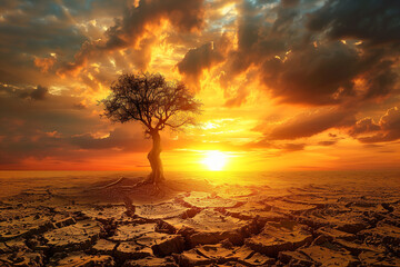 Global warming concept. Lonely dead tree under dramatic evening sunset sky at drought cracked desert landscape.