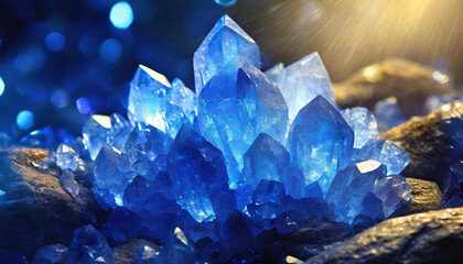 Close-up of cluster of radiant blue crystals illuminated by soft lighting. Beautiful glowing crystals.