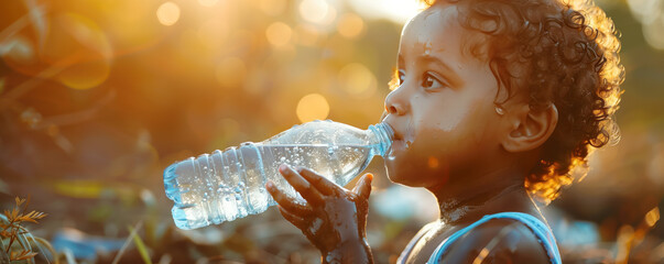 African ethnicity cute little girl standing outdoors and drinking water from the bottle. Concept of helping and charity.