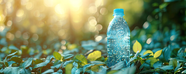 A bottle of fresh pure water on natural background in the park. Refreshing healthy drink.