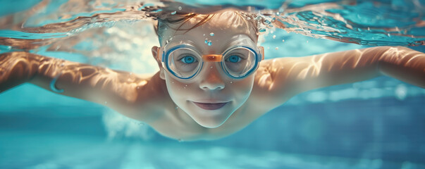 Child in swimming goggles playing in the blue water. Concept of healthy lifestyle, family vacation...