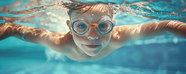 Child in swimming goggles playing in the blue water. Concept of healthy lifestyle, family vacation and training of young swimmers.