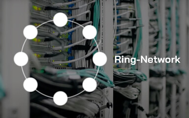 illustrated Ring-Network and Ring-Network lettering in front of a wires and lights of server in the...