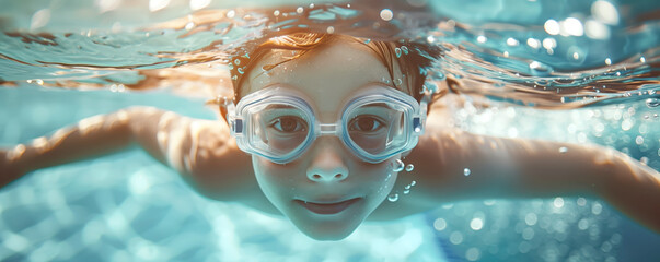 Child in swimming goggles playing in the blue water. Concept of healthy lifestyle, family vacation...