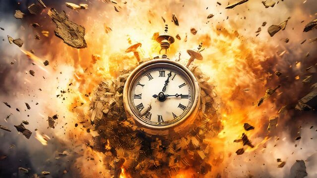 Retro clock with explosions behind it, time running out concept