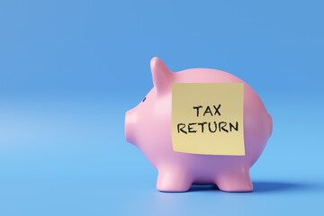 Yellow sticky note having the words TAX RETURN sticking on a pink piggy bank in blue background. Illustration of the concept of self assessment tax return deadlines