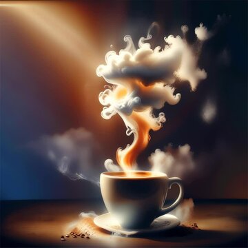 A whimsical image of a coffee cup with steam morphing into a cloud formation, bathed in a warm, dramatic light.. AI Generation