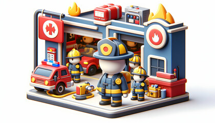 3D Icon of Fire Station Daily Life: Firefighters on Standby in Candid Work Environment and Daily Routine, Isolated on White Background