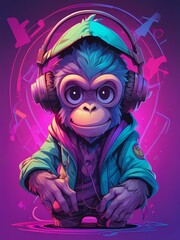Happy monkey anime wearing a purple hoodie and headphones, hip hop style, DJ