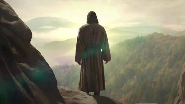 Animation of Jesus Christ, Son of God standing on the mountain edge looking out, in a white robe with heavenly light glowing around him