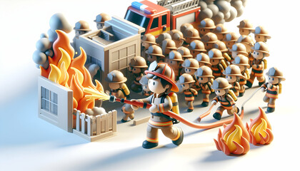 3D Icon Depicting Firefighter in Action, Extinguishing Flames with Smoke Billowing, Candid Daily Work Environment Theme, Isolated on White Background