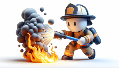 3D Icon: Firefighter in Action Extinguishing Flames with Smoke in Daily Work Environment