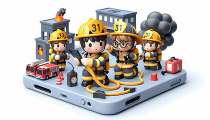 Firefighter Training Drill 3D Icon: Firefighters Practicing Rescue Drills in Candid Daily Work Environment with Isolated White Background