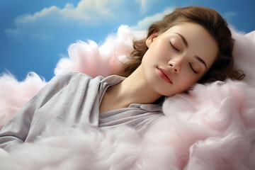 woman sleeping peacefully on soft clouds in the sky