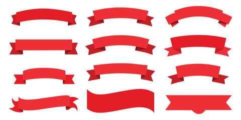 Ribbon, banner or tag vector art set. Flat red color.
