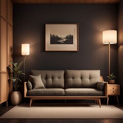 Japanese interior design of modern living room, home. Mid-century sofa near wooden cabinet against dark wall with poster, frame.