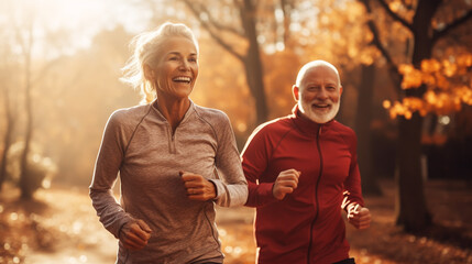 Two happy senior people jogging in a park in summer