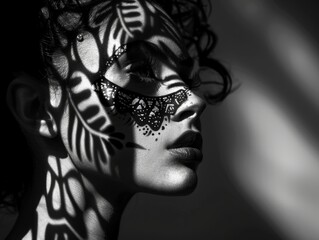 artful shadow play in studio portrait model with intricate face paint