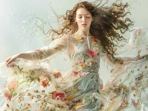 airy spring inspired studio portrait floral patterned dress light breezy atmosphere