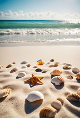 Fototapeta na wymiar Transport yourself to paradise with this stunning depiction of a sunny beach, complete with fine white sand and vibrant sea shells