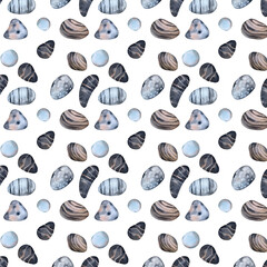 Pebbles seamless watercolor pattern hand drawn on a white background. Background for design of fabrics, wrapping paper and wallpaper
