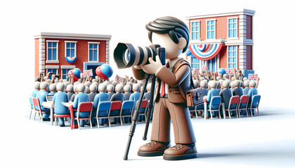 3D Icon: Photojournalist Capturing Candid Moments at a Political Rally in Daily Working Environment - Isolated on White - obrazy, fototapety, plakaty