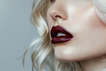 close up portrait in studio platinum blonde hair deep burgundy lips