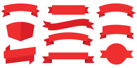 Ribbon, banner or tag vector art set. Flat red color.
