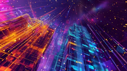 A building filled with futuristic technology. In the background are colorful stars streaking across the night sky