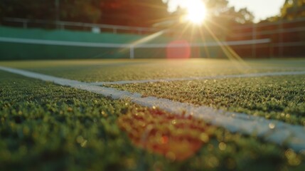 Sunrise view of meticulously groomed grass tennis court for prestigious club tournament