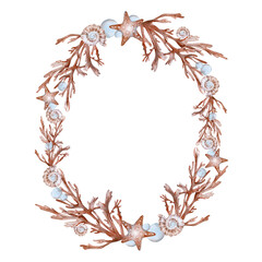 Frame with seaweed corals shells and starfish. Watercolor wreath hand drawn on a white background. Template for cards, invitations and packaging design. Template for cards and packaging design © Anastasiia