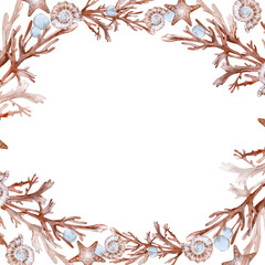 Frame with seaweed corals shells and starfish. Watercolor illustration hand drawn on a white background. Template for cards, invitations and packaging design. Template for cards and packaging design © Anastasiia
