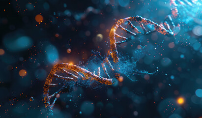 Abstract background with a double helix of DNA and glowing blue neon lights