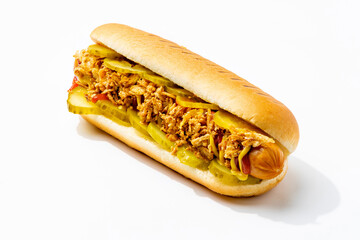 hot dog on a white background with different toppings