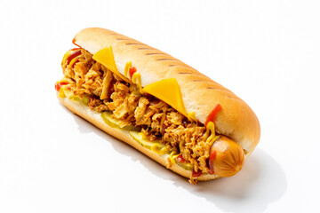 hot dog on a white background with different toppings
