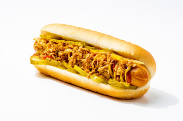 hot dog on a white background with different toppings
