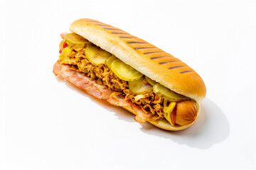 hot dog on a white background with different toppings
