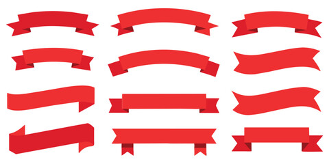 Ribbon, banner or tag vector art set. Flat red color.
