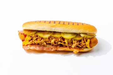 hot dog on a white background with different toppings