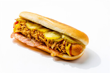 hot dog on a white background with different toppings