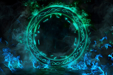 Mysterious neon portal with swirling energy and floating runes isotated on black background.