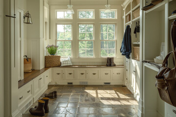 A charming mudroom with built-in cubbies for shoes and coats, bathed in natural light.